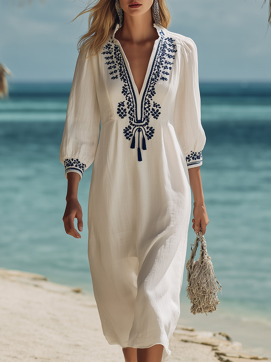 Vestido Midi Marfil Bordado Azul