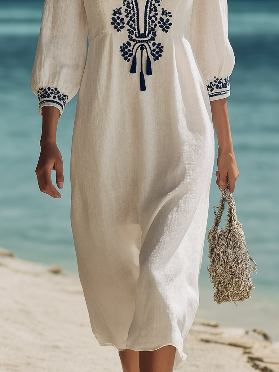Vestido Midi Marfil Bordado Azul