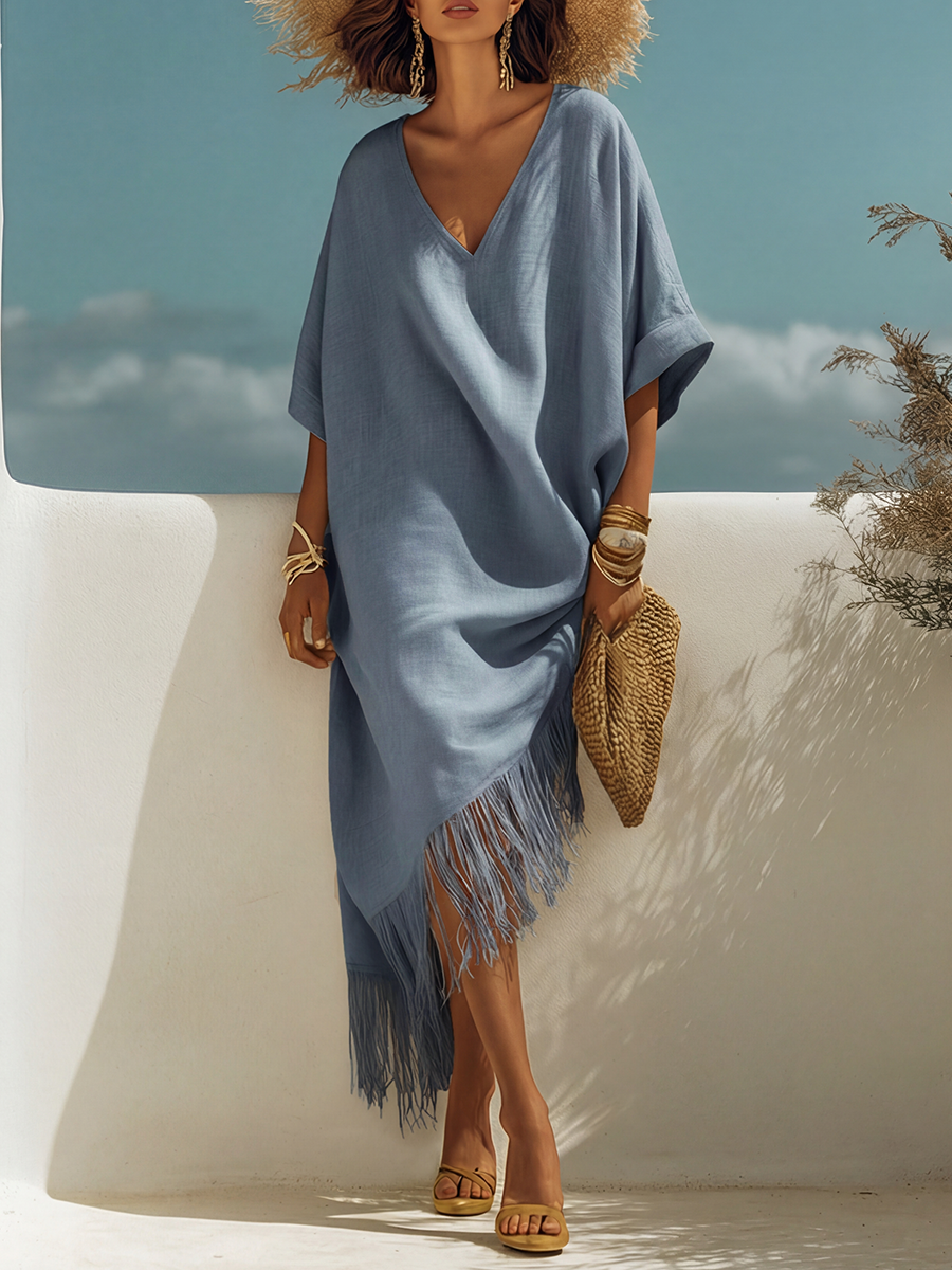 Vestido Maxi Flecos Beige