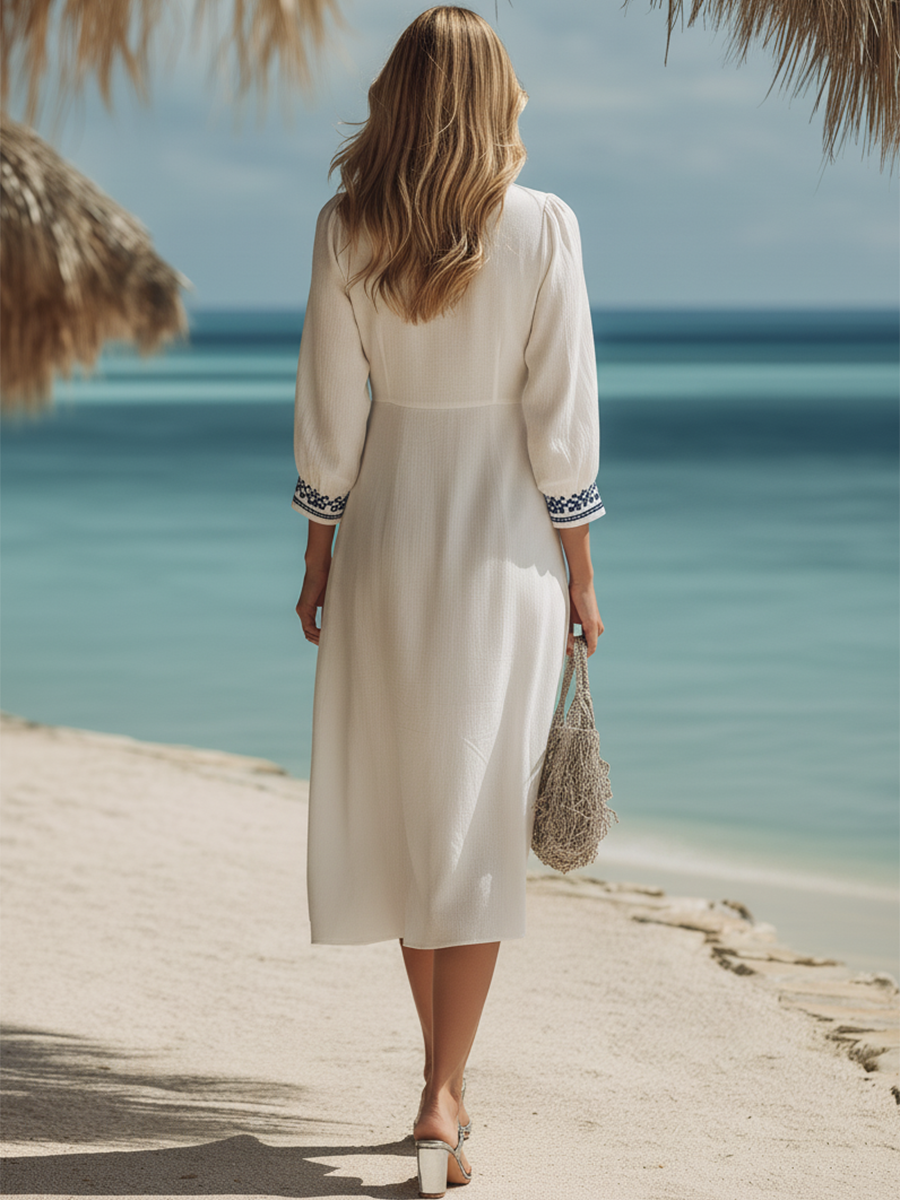 Vestido Midi Marfil Bordado Azul