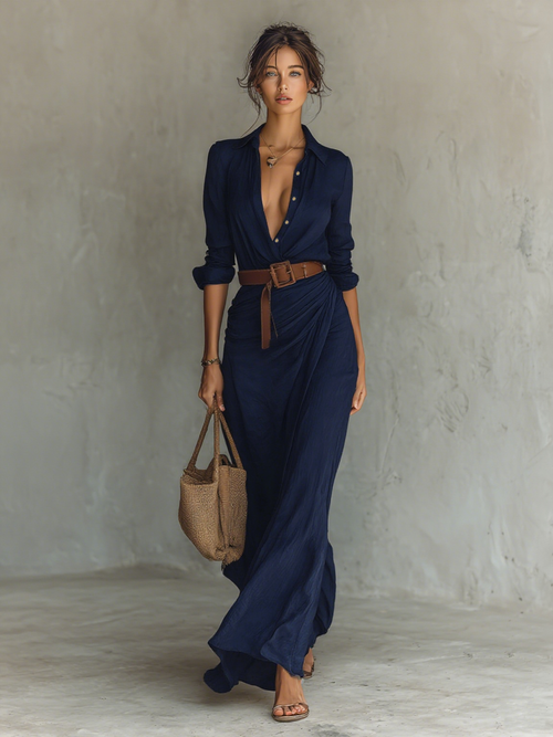 Abito Maxi Lungo con Collo a Revers e Maniche Lunghe per Donne