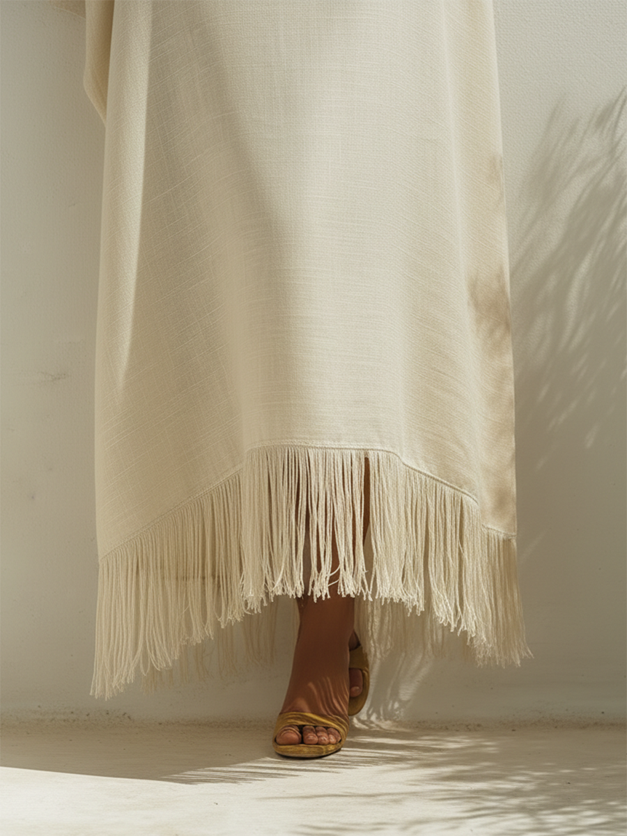 Vestido Maxi Flecos Beige