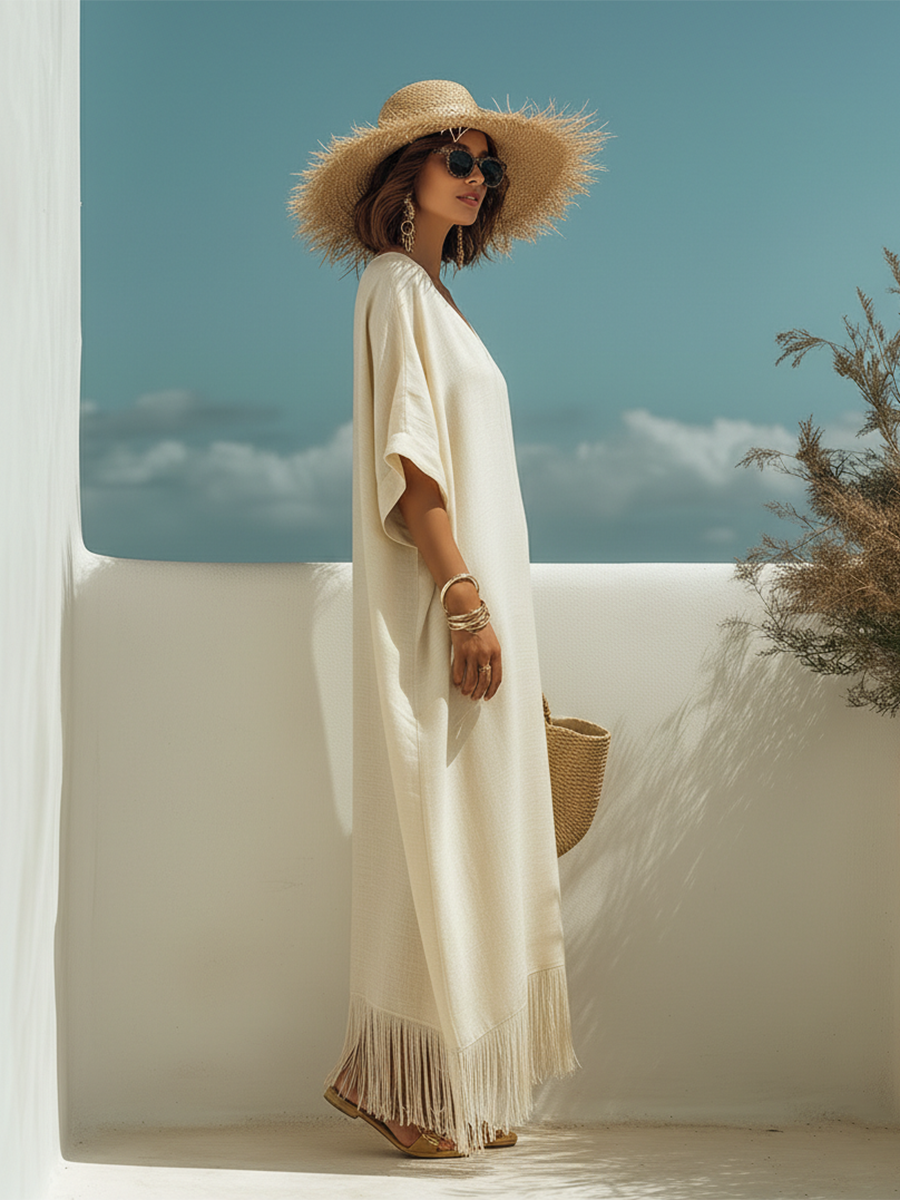 Vestido Maxi Flecos Beige