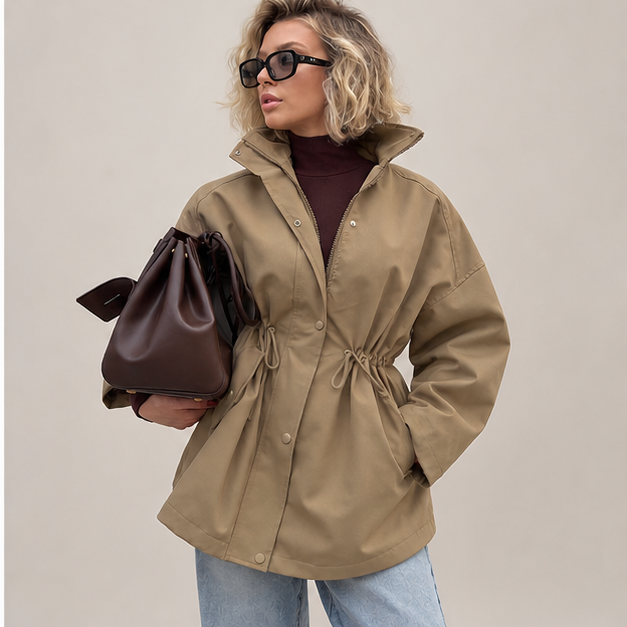 Brenda | Women's Drawstring Waist High Neck Utility Jacket — model
