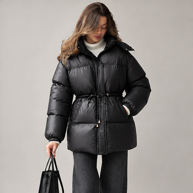 Esther | Women's Drawstring Waist Hooded Puffer Jacket — model