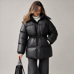 Esther | Women's Drawstring Waist Hooded Puffer Jacket — model