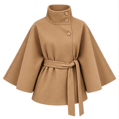 Felicia | Women's Belted High Turtle Neck Cape Coat Jacket — front