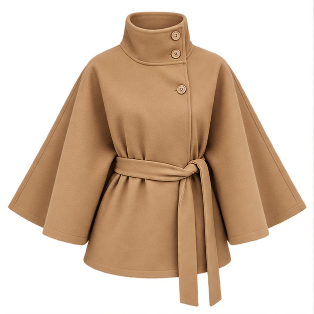 Felicia | Women's Belted High Turtle Neck Cape Coat Jacket — front