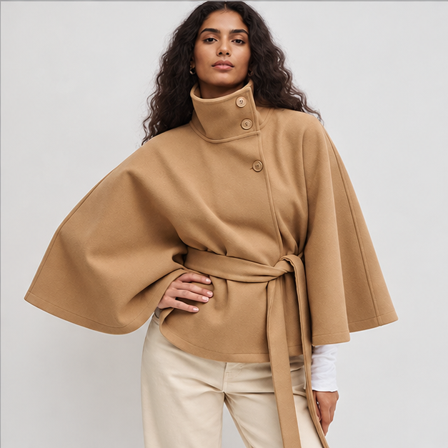 Felicia | Women's Belted High Turtle Neck Cape Coat Jacket — model