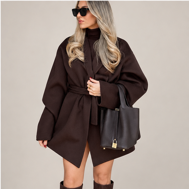 Gloria | Women's Belted Open Front Wrap Coat Jacket — model
