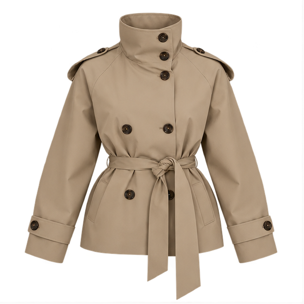 Gwyneth | Women's Double Breasted Belted Turtle Neck Trench Coat Jacket — front