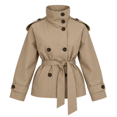 Gwyneth | Women's Double Breasted Belted Turtle Neck Trench Coat Jacket — front