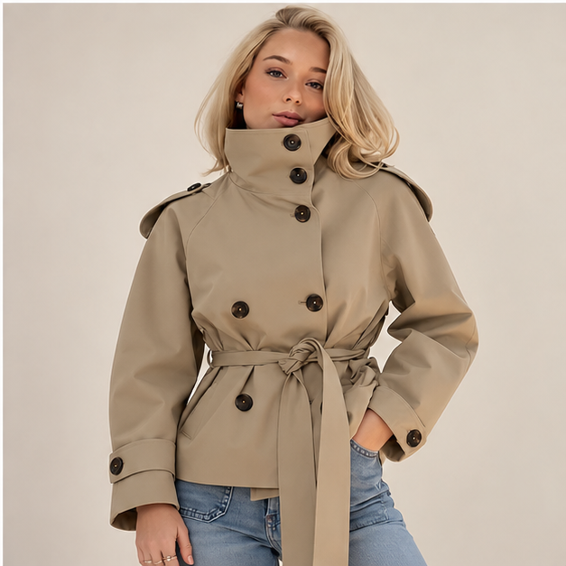Gwyneth | Women's Double Breasted Belted Turtle Neck Trench Coat Jacket — model