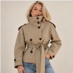 Gwyneth | Women's Double Breasted Belted Turtle Neck Trench Coat Jacket — model