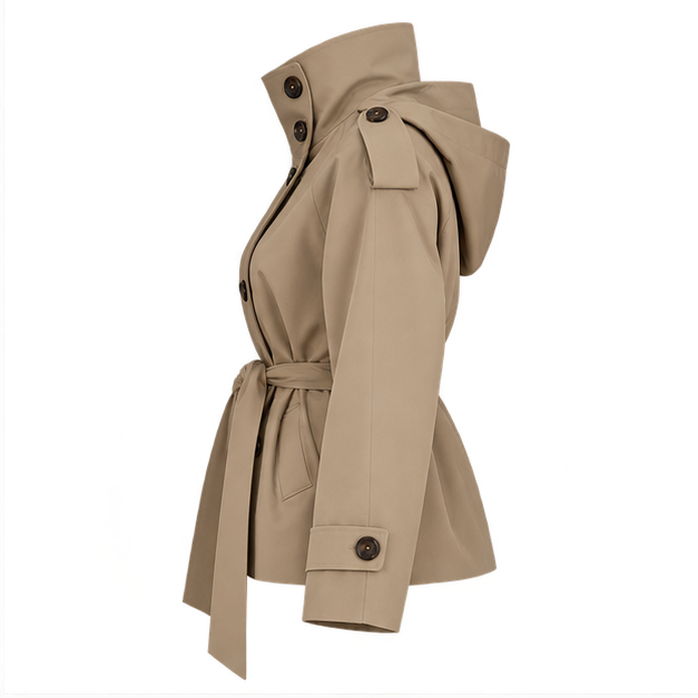Gwyneth | Women's Double Breasted Belted Turtle Neck Trench Coat Jacket — side