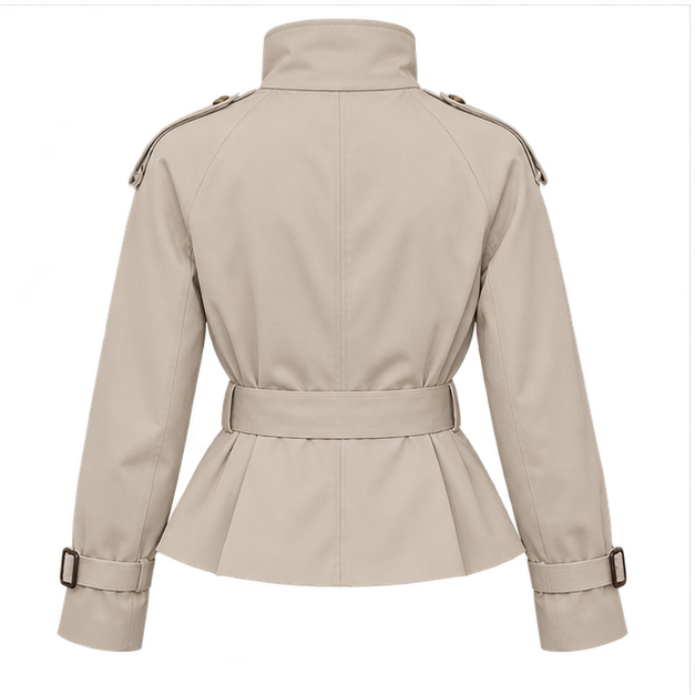 Leslie | Women's Belted Double Breasted High Neck Jacket Trench Coat — back