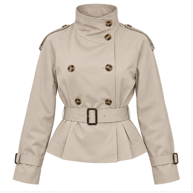 Leslie | Women's Belted Double Breasted High Neck Jacket Trench Coat — front