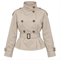 Leslie | Women's Belted Double Breasted High Neck Jacket Trench Coat — front