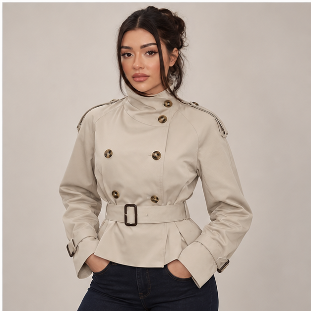 Leslie | Women's Belted Double Breasted High Neck Jacket Trench Coat — model