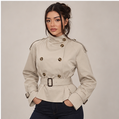 Leslie | Women's Belted Double Breasted High Neck Jacket Trench Coat — model