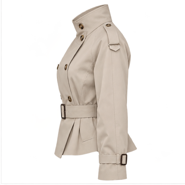 Leslie | Women's Belted Double Breasted High Neck Jacket Trench Coat — side