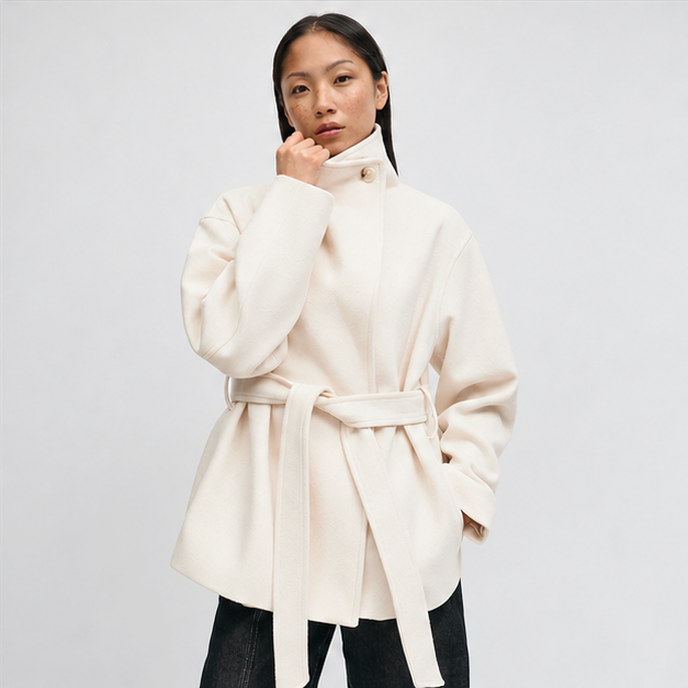 Pearl | Women's Belted High Neck Wrap Jacket Coat — model