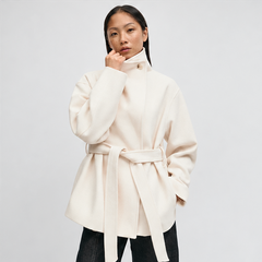 Pearl | Women's Belted High Neck Wrap Jacket Coat — model
