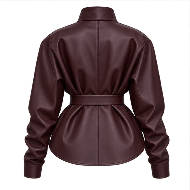 Priscilla | Women's Belted High Neck Faux Leather Jacket — back