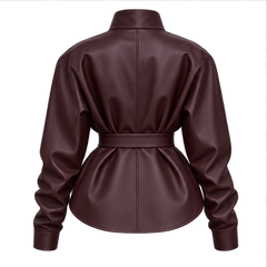 Priscilla | Women's Belted High Neck Faux Leather Jacket — back