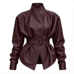 Priscilla | Women's Belted High Neck Faux Leather Jacket — front