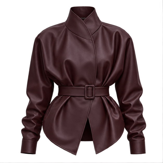 Priscilla | Women's Belted High Neck Faux Leather Jacket — front