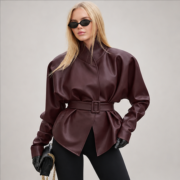 Priscilla | Women's Belted High Neck Faux Leather Jacket — model
