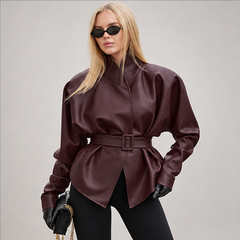 Priscilla | Women's Belted High Neck Faux Leather Jacket — model