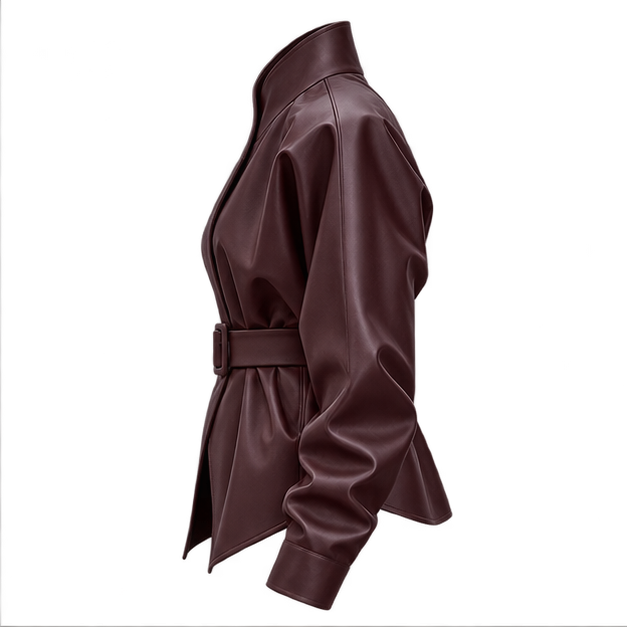 Priscilla | Women's Belted High Neck Faux Leather Jacket — side