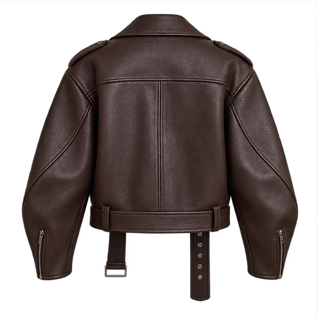 Regina | Women's Belted Oversized Faux Leather Moto Biker Jacket — back