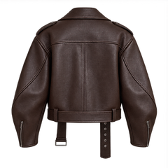 Regina | Women's Belted Oversized Faux Leather Moto Biker Jacket — back