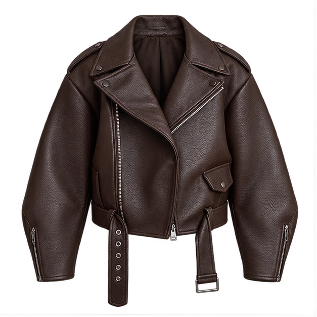 Regina | Women's Belted Oversized Faux Leather Moto Biker Jacket — front