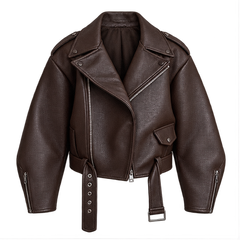 Regina | Women's Belted Oversized Faux Leather Moto Biker Jacket — front
