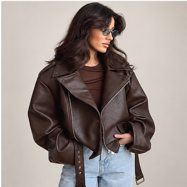 Regina | Women's Belted Oversized Faux Leather Moto Biker Jacket — model