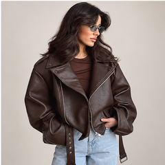 Regina | Women's Belted Oversized Faux Leather Moto Biker Jacket — model