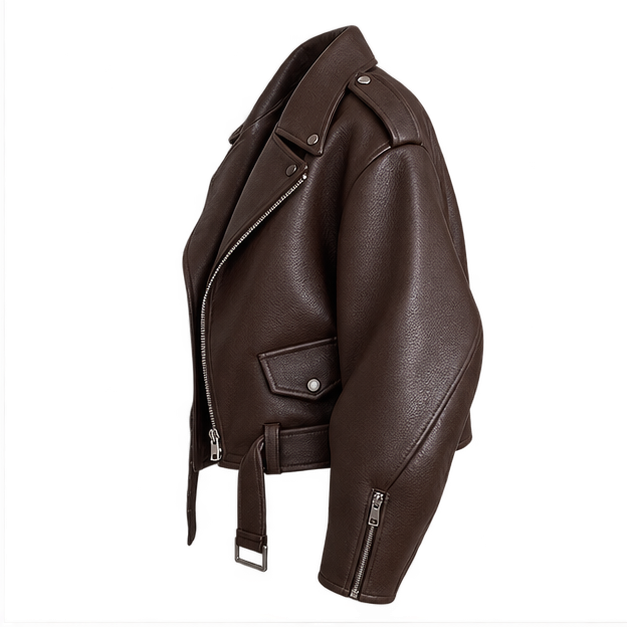 Regina | Women's Belted Oversized Faux Leather Moto Biker Jacket — side