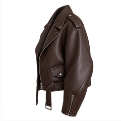 Regina | Women's Belted Oversized Faux Leather Moto Biker Jacket — side