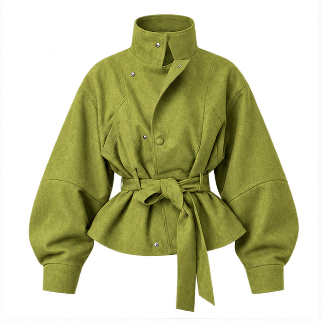 Harriet | Women's High Neck Textured Belted Long Sleeve Jacket — front