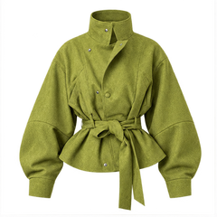 Harriet | Women's High Neck Textured Belted Long Sleeve Jacket — front