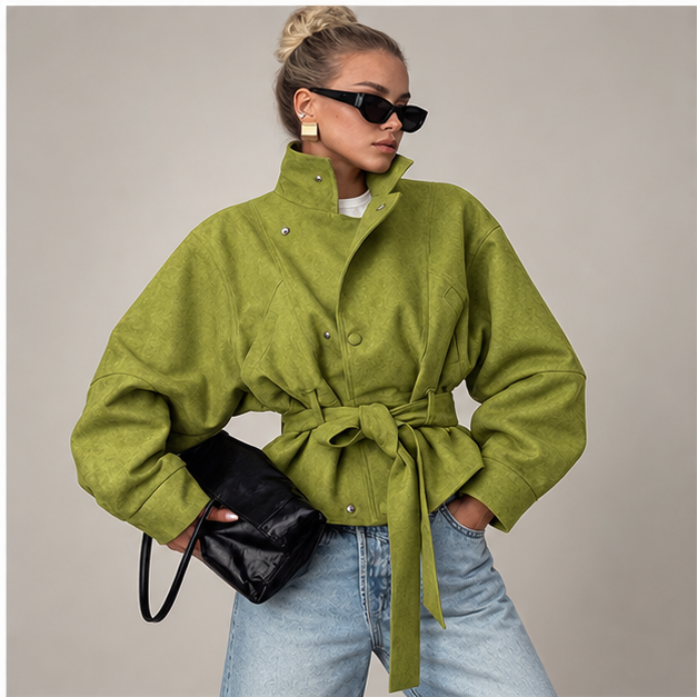 Harriet | Women's High Neck Textured Belted Long Sleeve Jacket — model