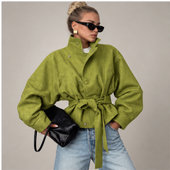 Harriet | Women's High Neck Textured Belted Long Sleeve Jacket — model