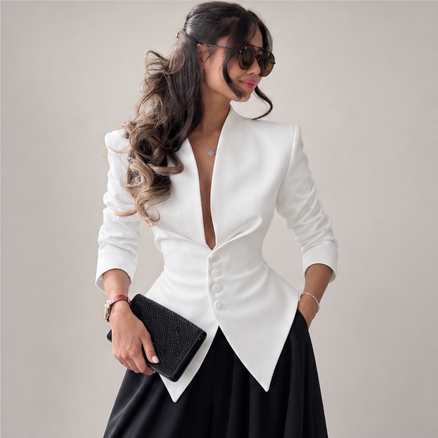 Lottie | Women's V-Neck Long Sleeve Tailored Blazer — model