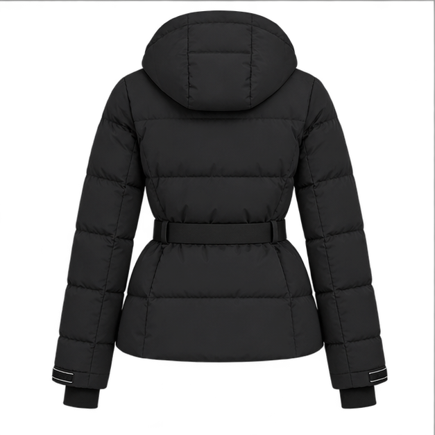 Eira | Women's Belted High Collar Zip Front Hooded Puffer Jacket — back