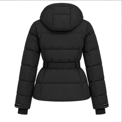 Eira | Women's Belted High Collar Zip Front Hooded Puffer Jacket — back