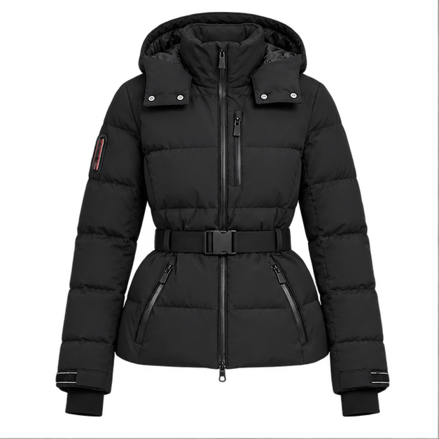 Eira | Women's Belted High Collar Zip Front Hooded Puffer Jacket — front